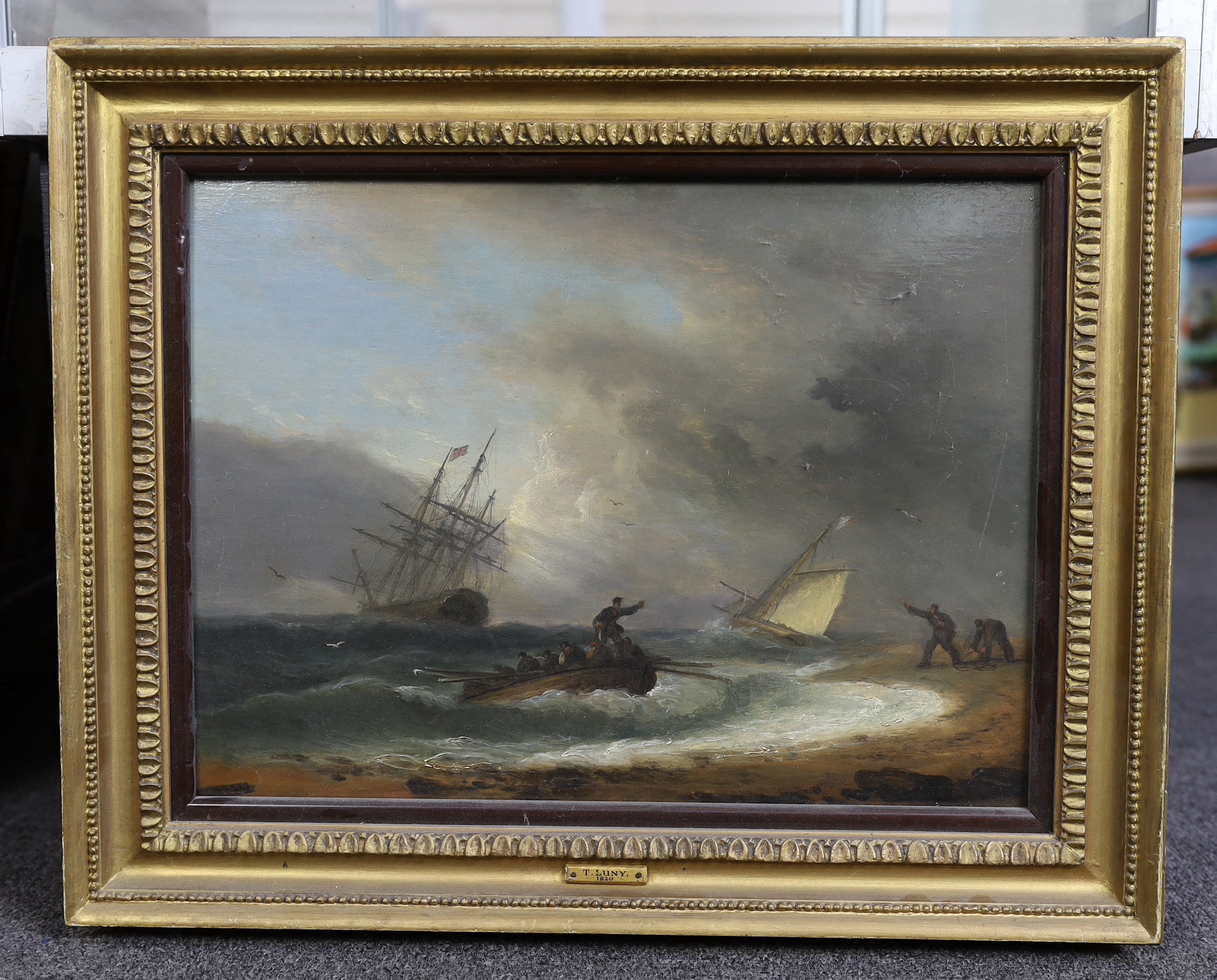 Thomas Luny (British, 1759-1837), Shipping in distress along the shoreline, oil on wooden panel, 29 x 39cm